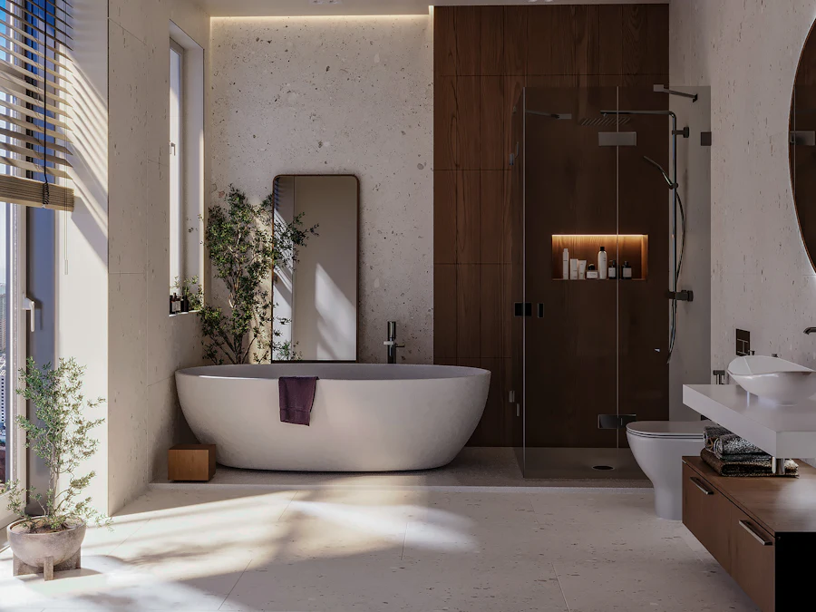 Contemporary bathroom with a freestanding bath beneath a large window