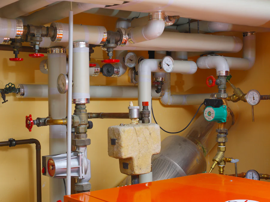 Neatly installed heating pipework with red valves, a pump and pressure gauges